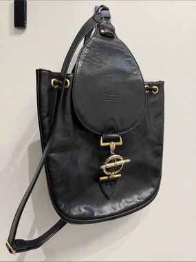 TEXIER Black Leather Shoulder Bag with Gold Hardware France